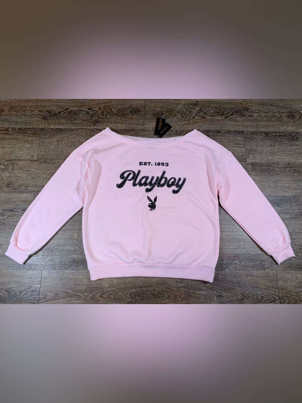 Playboy Pink Off Shoulder Sweater Graphic Bunny Logo Women's Size L NWT